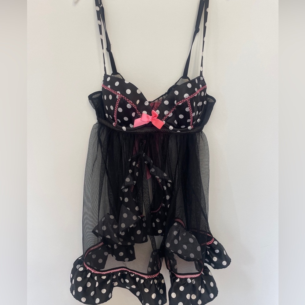 Victoria's Secret 2010 Black White Polka Dot BabyDoll 34B w/ Panty S/M